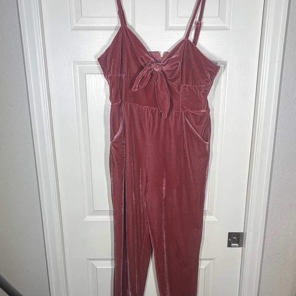 Unique Vintage Pink and White Velvet Jumpsuit with Bow Detail